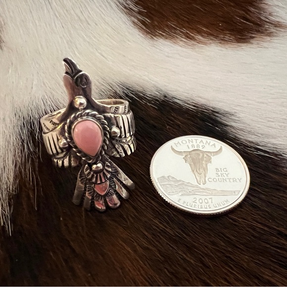 ❤️ Queen Pink Conch Navajo Thunderbird Statement Sterling Ring Size 7.5 - 10.5 G - Picture 9 of 14